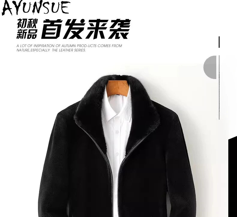 Men’s Winter Sheep Shearing Wool Jacket with Mink Fur Collar – Mid-Length Casual Coat
