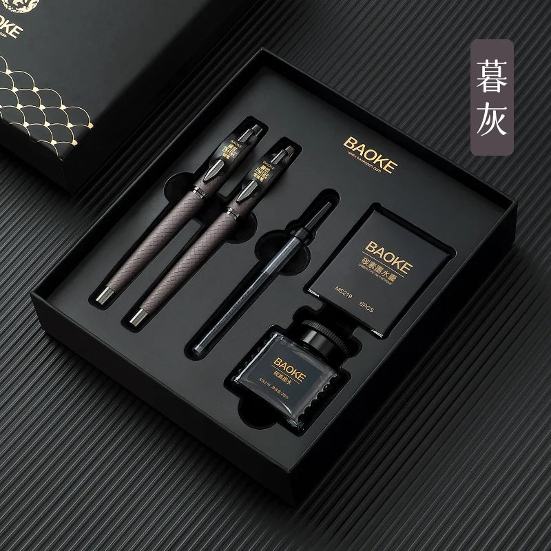 BAOKE T18/T19/T20 Black & Grey Fountain Pen Gift Set with Ink Bottle and 6 Cartridges – Stainless Steel Nib Metal Office Pen