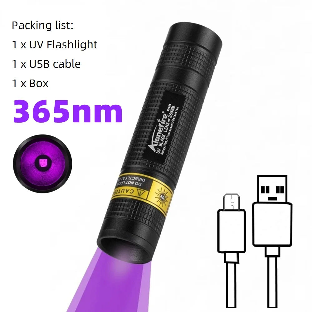 365nm Mini UV LED Blacklight Flashlight USB Rechargeable – Nail Lamp, Pet Stain, Money & Scorpion Detector