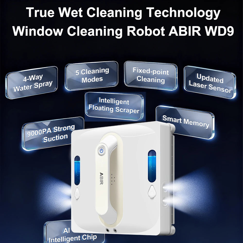 ABIR WD9 Robot Window Vacuum Cleaner 9000PA with 4-Way Water Spray & Laser Sensor