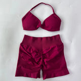 Women’s 2-Piece Seamless Gym Set – Strappy Yoga Bra & High-Waist Scrunch Shorts Workout Suit thumbnail 38