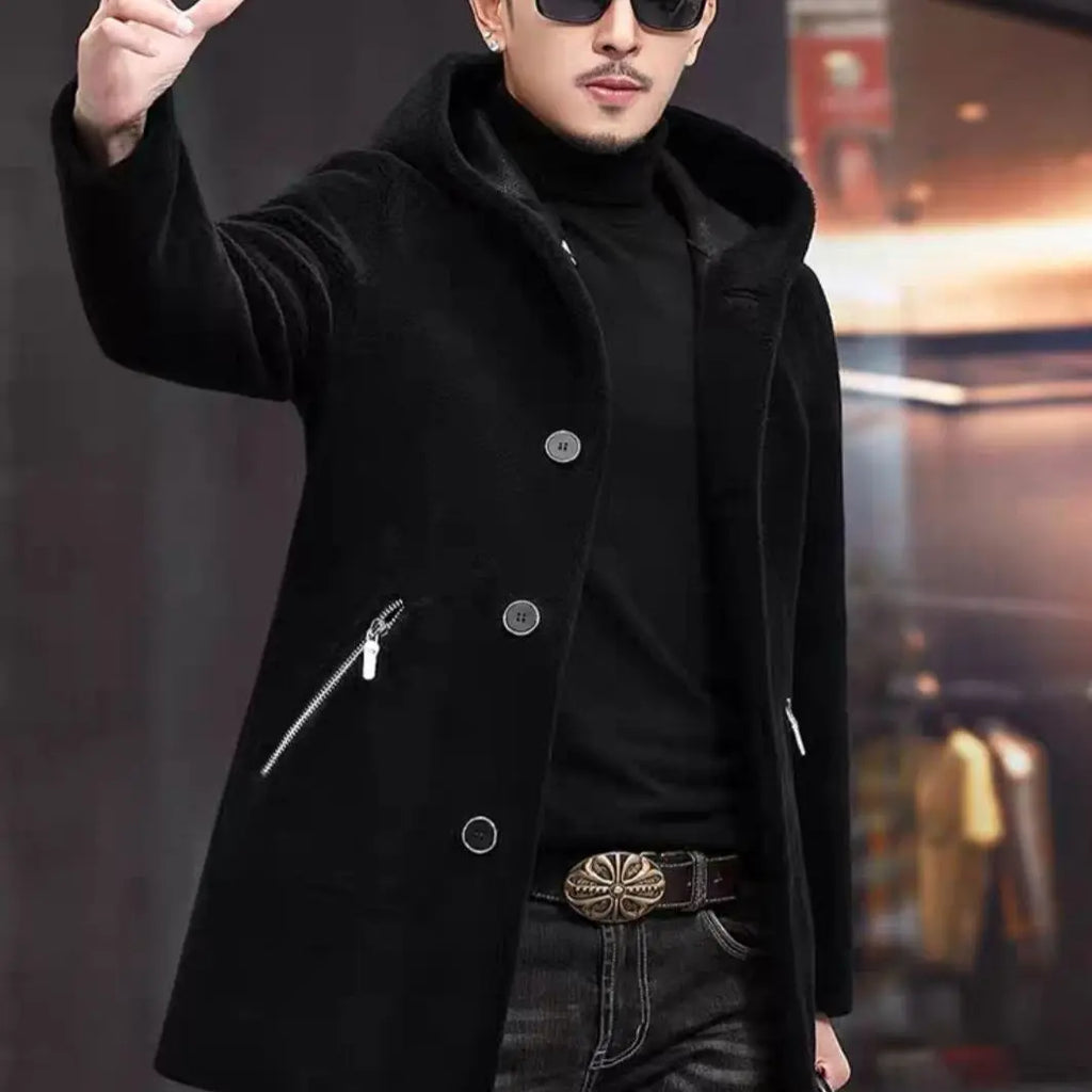 Men’s Winter Casual Thick Fleece Hooded Waterproof Jacket with Real Fur Wool Coat