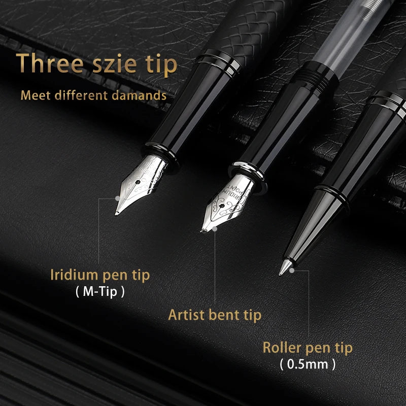 BAOKE T18/T19/T20 Black & Grey Fountain Pen Gift Set with Ink Bottle and 6 Cartridges – Stainless Steel Nib Metal Office Pen