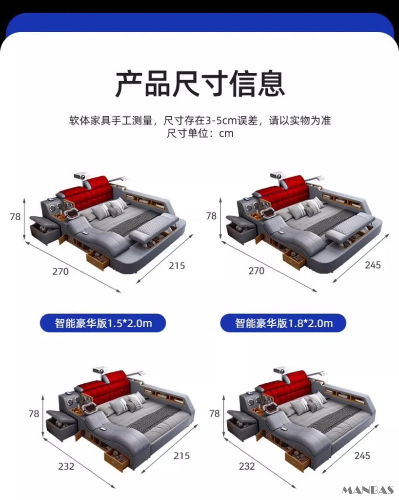 MANBAS Luxury King Size Genuine Leather Smart Bed with Massage, Storage, USB & Projector