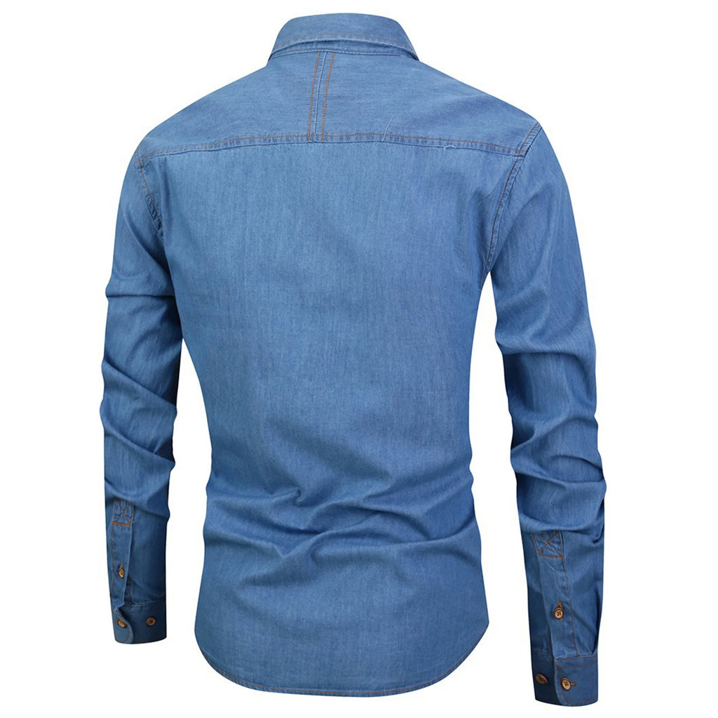 Men’s Autumn Cotton-Blend Denim Shirt – Casual Long Sleeve Button-Up with Single Pocket