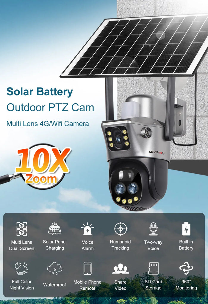 LS VISION Dual Screen Solar Camera 10X Zoom Outdoor WIFI/4G PTZ CCTV with Light Alarm