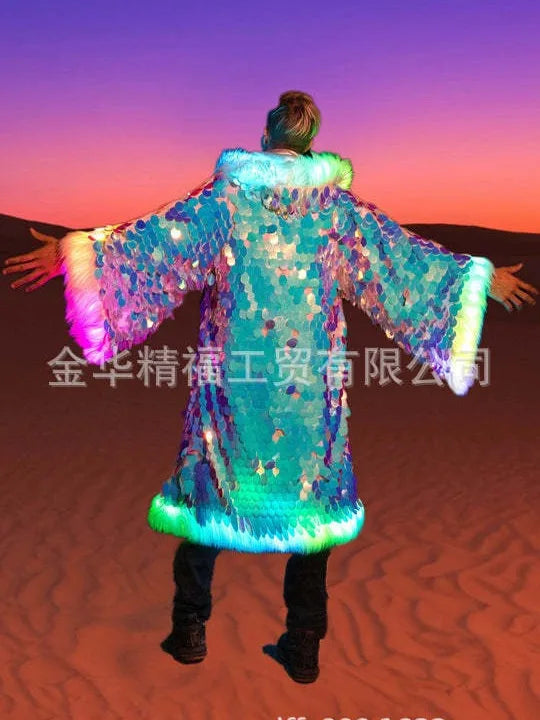Men’s Faux Fur Long Coat with Sequins Hood – Fluffy Warm Winter Jacket for Party, Cosplay & Stage