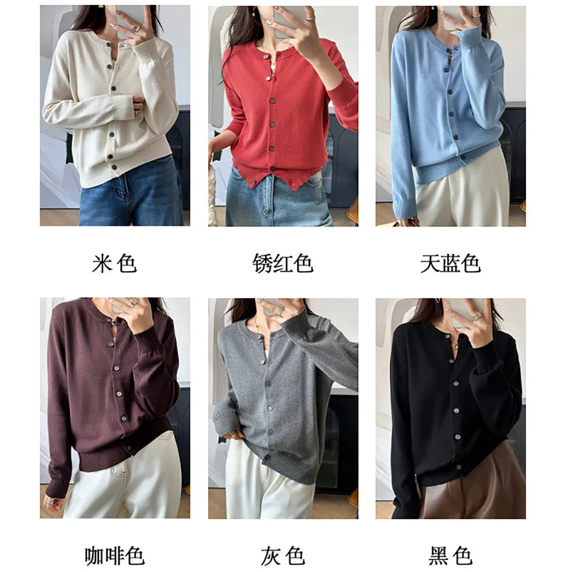 100% Cotton Women’s O-Neck Solid Cardigan – Luxury Designer Pullover
