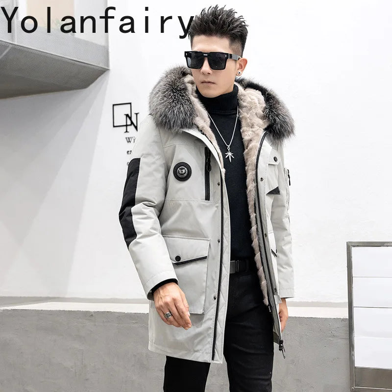 Real Mink Fur Inner Coat Men 90% Down 10% Feather Winter Mid-Length Jacket with Hood and Fox Fur Collar