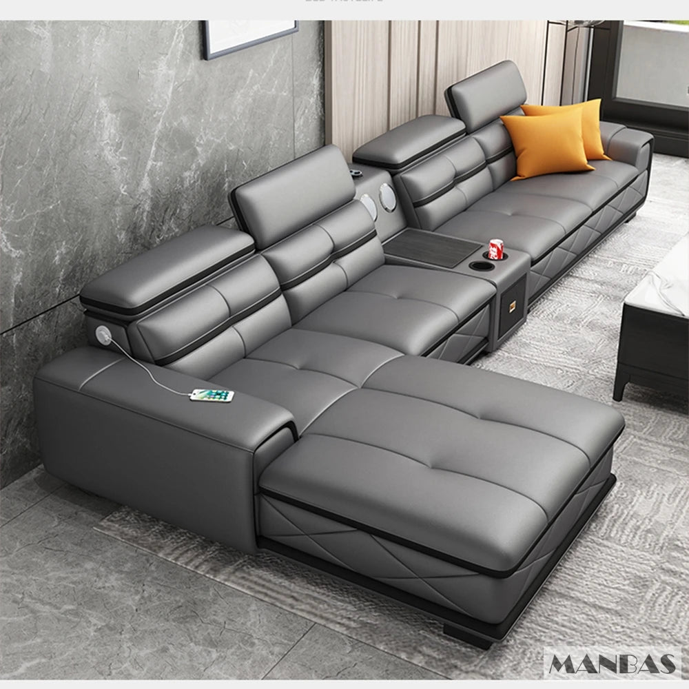 Modern Italian Genuine Leather Sectional Sofa with USB Charging & Bluetooth Speaker – MINGDIBAO Living Room Furniture