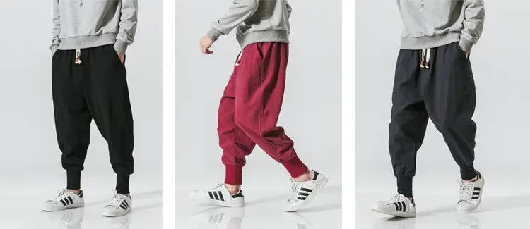 Men’s Cotton Linen Harem Pants – Baggy Streetwear Joggers with Elastic Waist