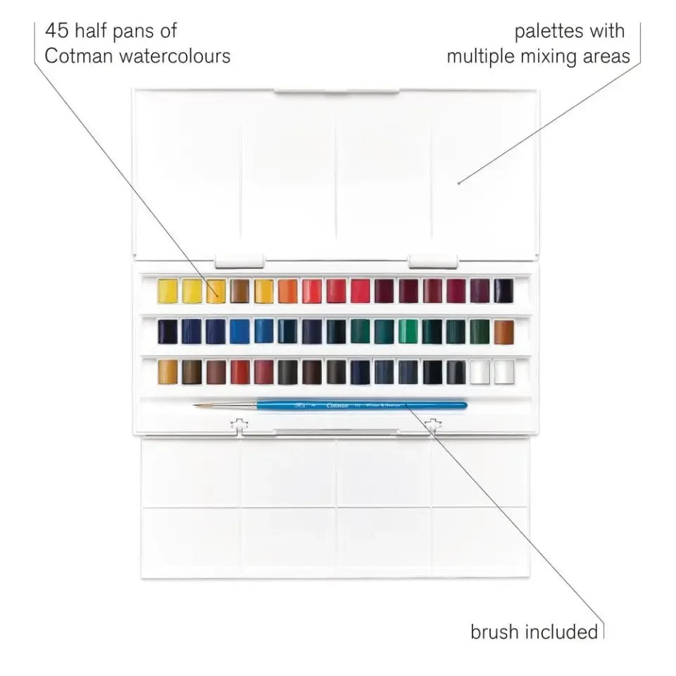 Winsor & Newton Cotman Watercolor Paint Set Studio 45 Half Pans with Brush and Palette Portable Artist Kit