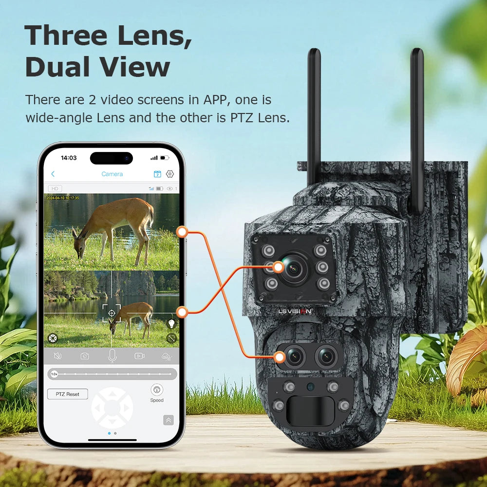 LS VISION 12MP 6K Solar Camera 15X Zoom 4G/WiFi Triple Lens Night Vision PTZ Trail Camera