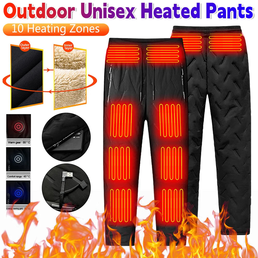 Unisex Heated Pants with 10 Heating Zones | USB Electric Thermal Trousers for Winter Outdoor Sports | Waterproof & Adjustable