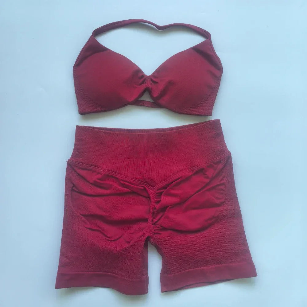 Women’s 2-Piece Seamless Gym Set – Strappy Yoga Bra & High-Waist Scrunch Shorts Workout Suit