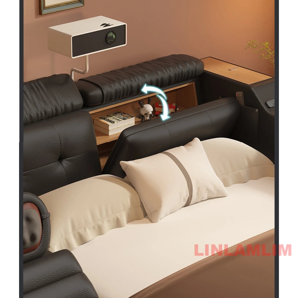 Luxury Smart Multifunctional Upholstered Bed with Massage, Bluetooth Speakers, Projector, USB & Storage – Modern King Size Tech Bed