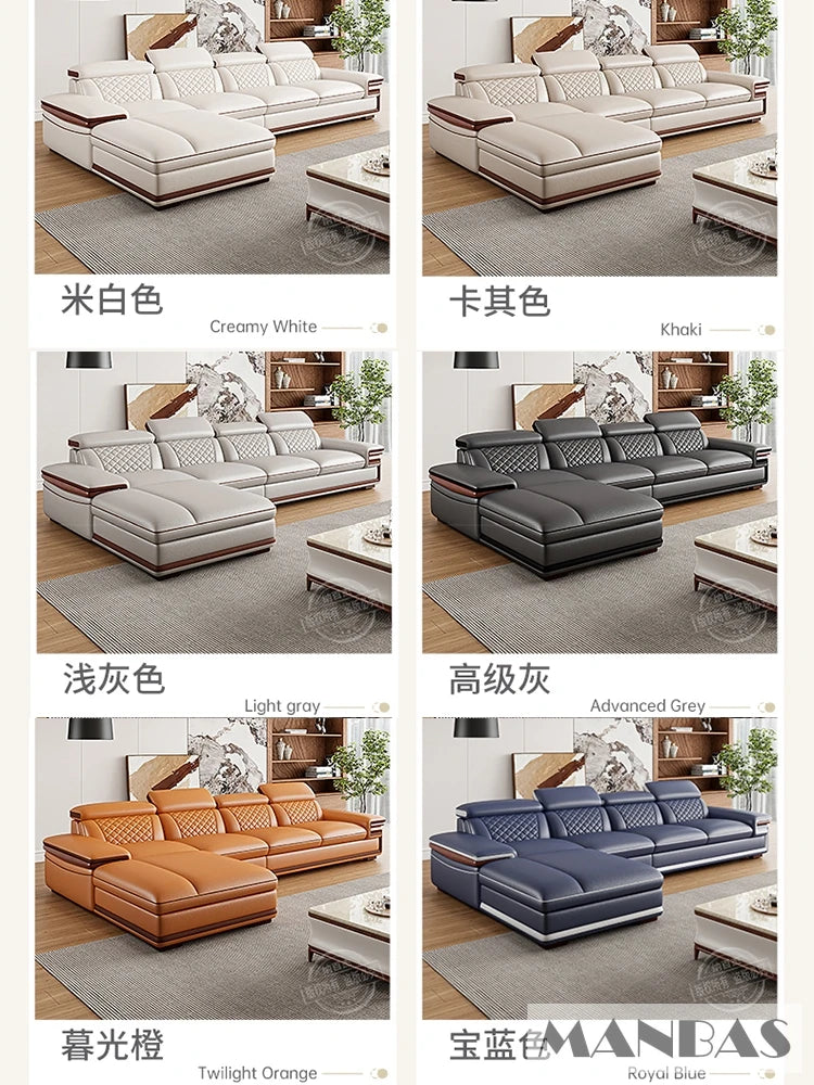 MINGDIBAO Italian Genuine Leather L-Shaped Sofa Set with Adjustable Headrests, Bluetooth Speaker & Wireless Charging