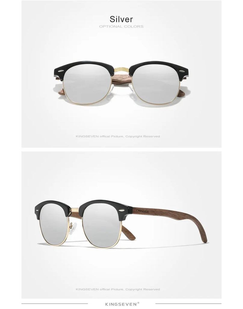 KINGSEVEN Handmade Black Walnut Wooden Polarized UV400 Sunglasses Semi-Rimless Retro Eyewear