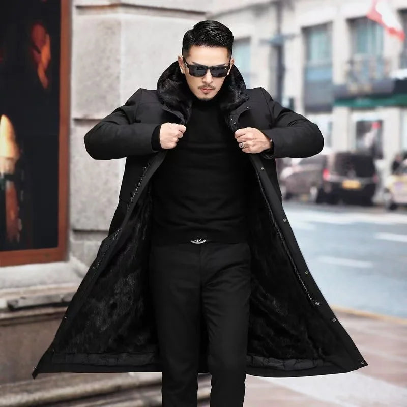 Men’s Detachable Fur One-Piece Winter Coat – Thick Faux Mink Fur Lined