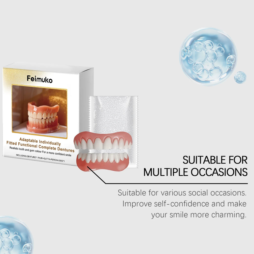 Comfortable Silicone Denture Kit Upper & Lower Set – Soft Fit Smiling False Teeth Liners Easy to Use