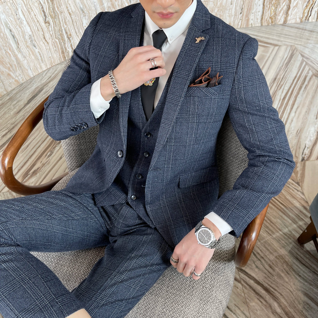 Men’s Modified Plaid Three-Piece Suit – Slim Fit England Style Vest & Trousers Set