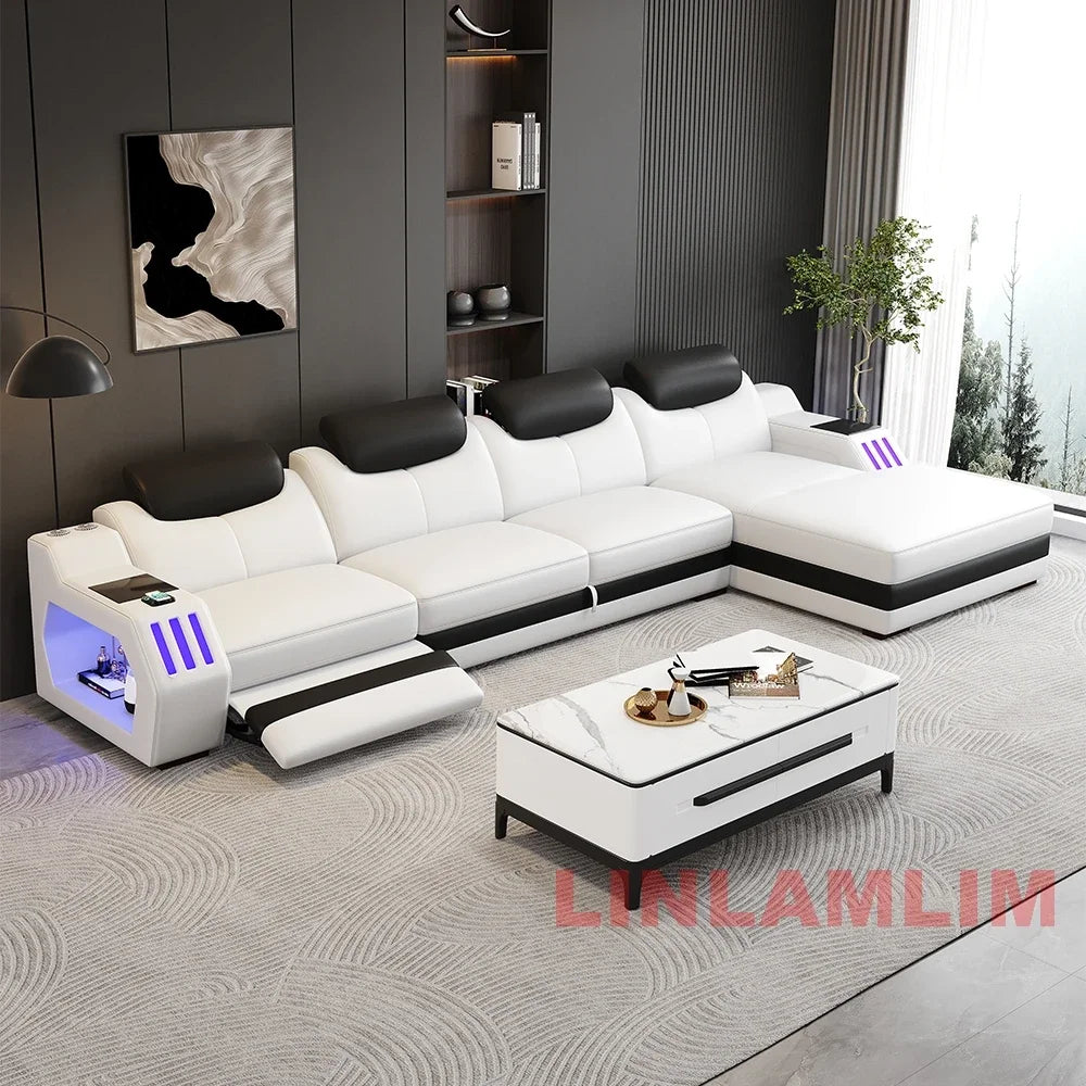 Modern L-Shaped Leather Sectional Sofa Bed with Adjustable Headrests, LED Lights, Storage & USB Ports