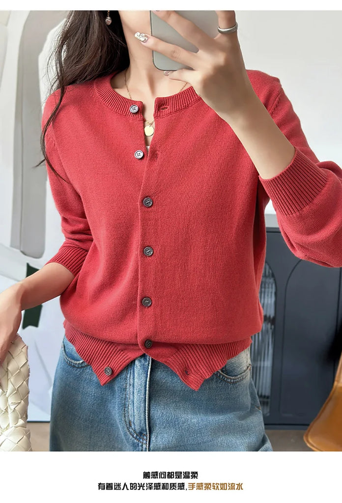 100% Cotton Women’s O-Neck Solid Cardigan – Luxury Designer Pullover