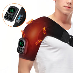 Person wearing a shoulder heating pad with digital display on a white background