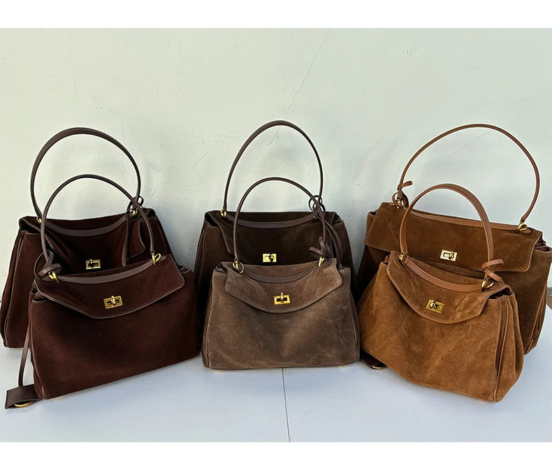 Women’s Genuine Suede Leather Large Capacity Shoulder Tote Bag Luxury Casual Handbag