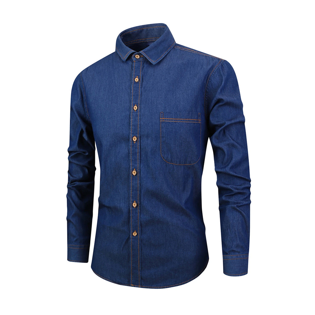 Men’s Autumn Cotton-Blend Denim Shirt – Casual Long Sleeve Button-Up with Single Pocket