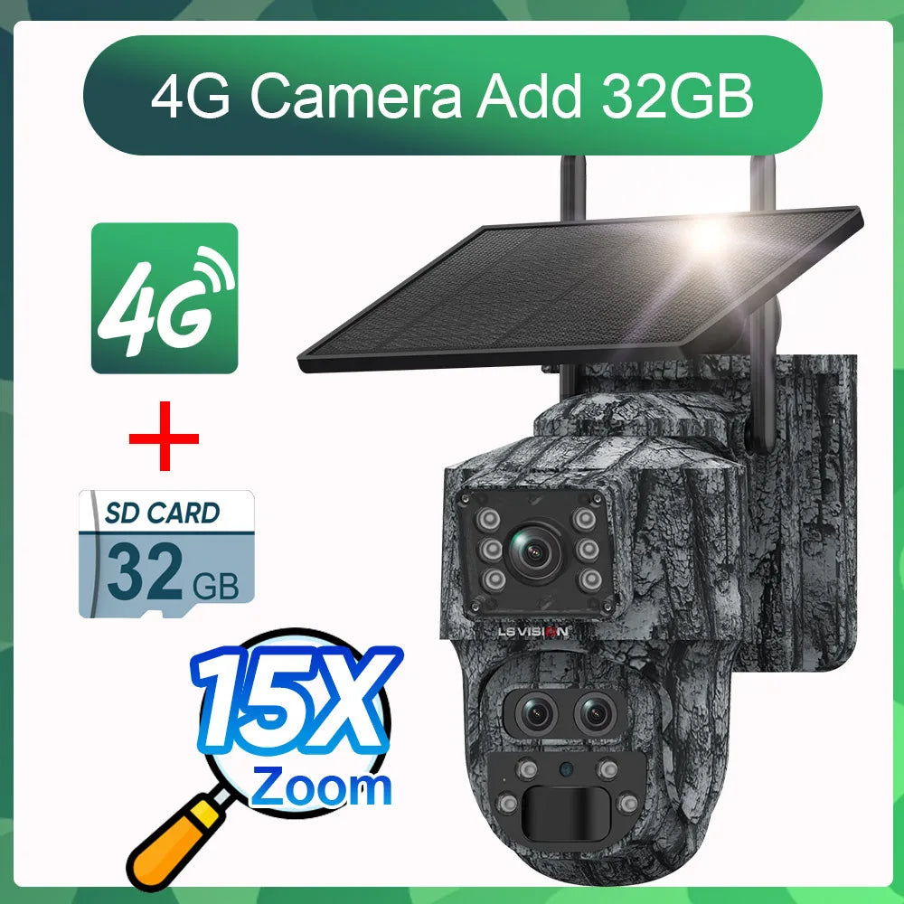 LS VISION 12MP 6K Solar Camera 15X Zoom 4G/WiFi Triple Lens Night Vision PTZ Trail Camera