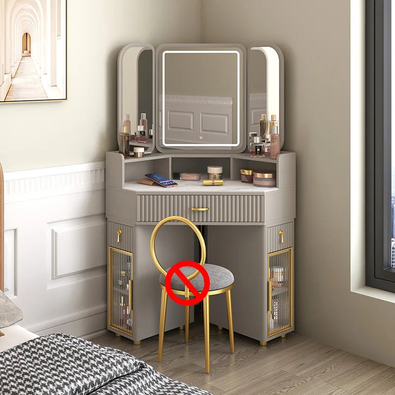 Luxury Solid Wood Corner Dressing Table with Mirror and Stool – Modern Minimalist Bedroom Furniture