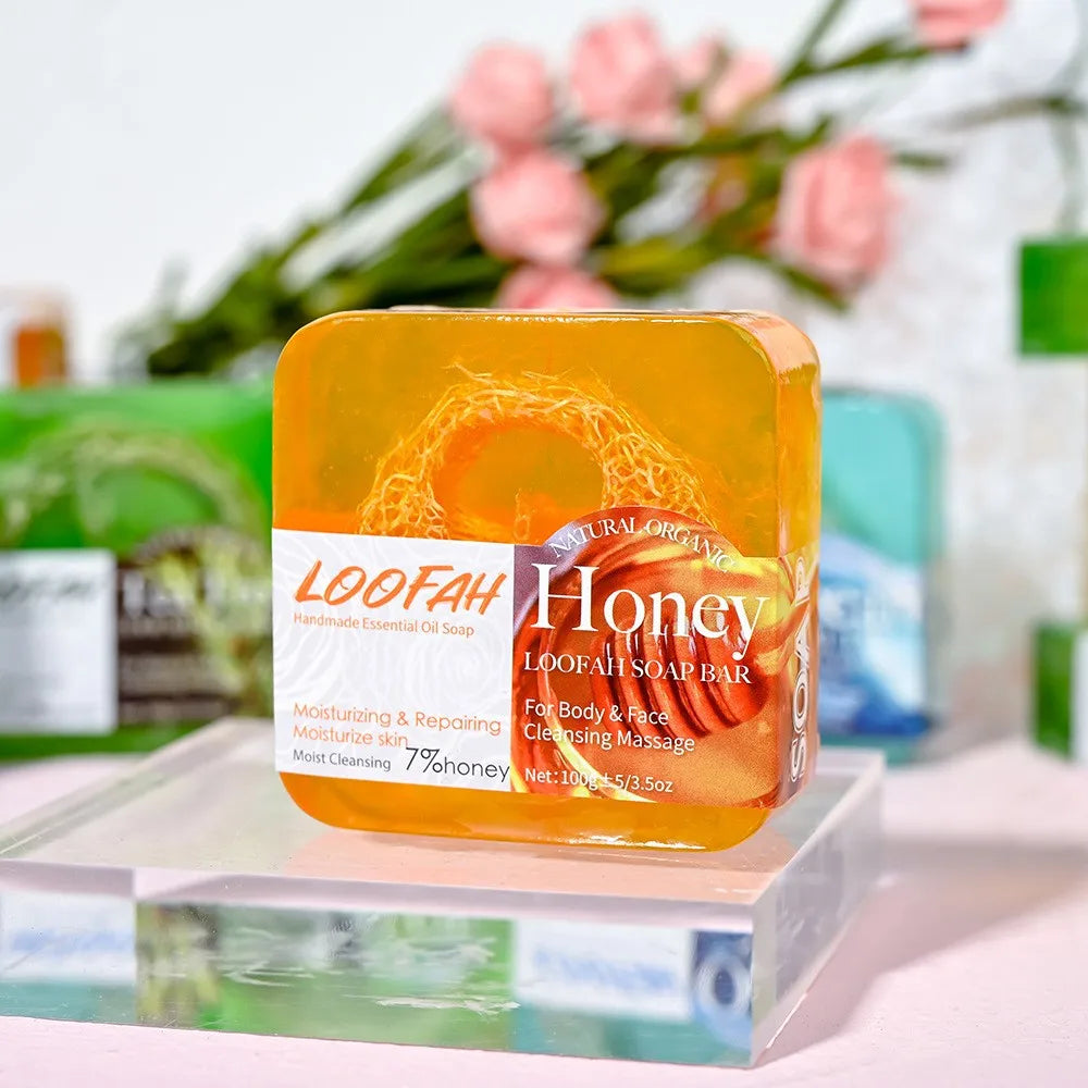 Facial Honey Loofah Soap – Acne Treatment, Tea Tree & Lemon, Rose Whitening, Handmade Eco-Friendly Sponge Soap