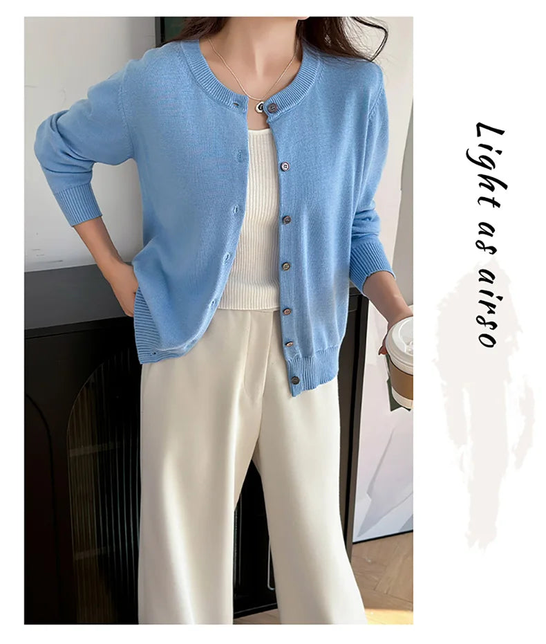 100% Cotton Women’s O-Neck Solid Cardigan – Luxury Designer Pullover