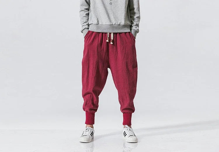 Men’s Cotton Linen Harem Pants – Baggy Streetwear Joggers with Elastic Waist