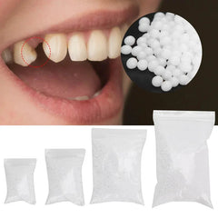 Teeth whitening process with close-up of teeth, white pellets, and packaging on a white background.