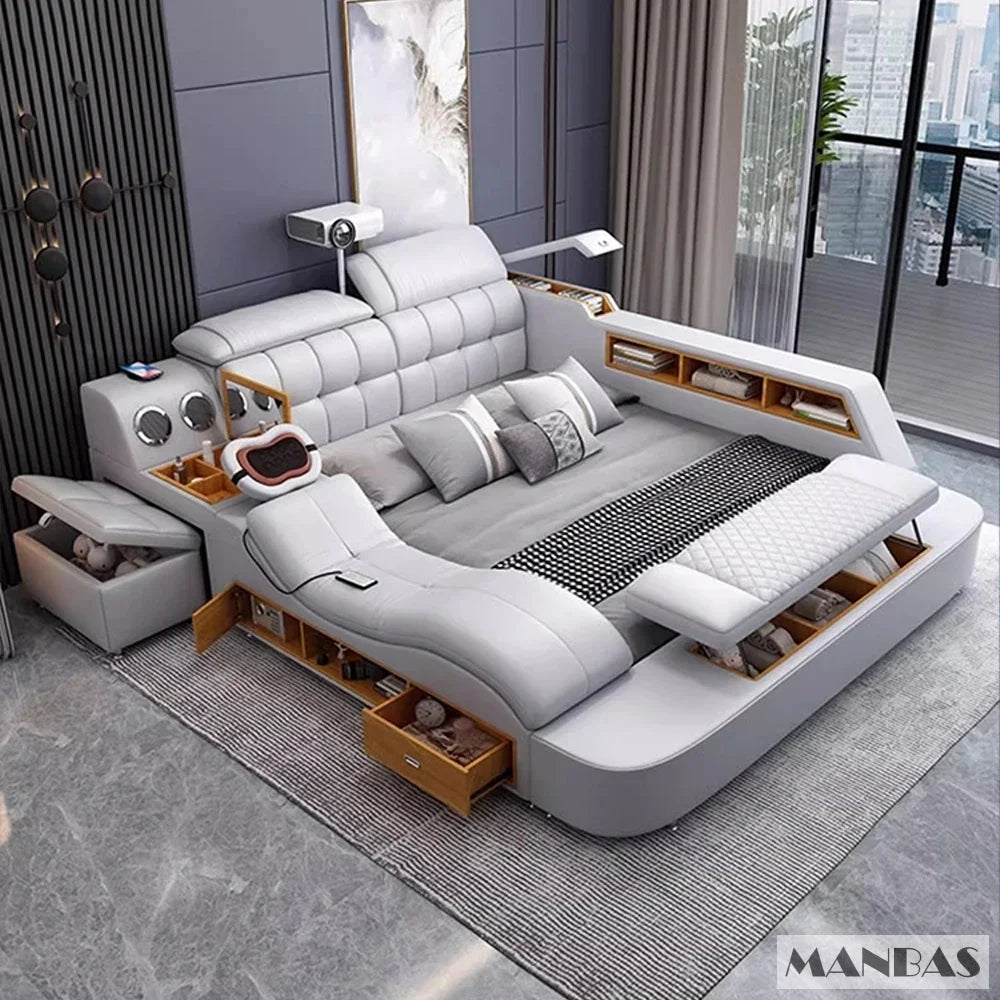 MANBAS Luxury King Size Genuine Leather Smart Bed with Massage, Storage, USB & Projector