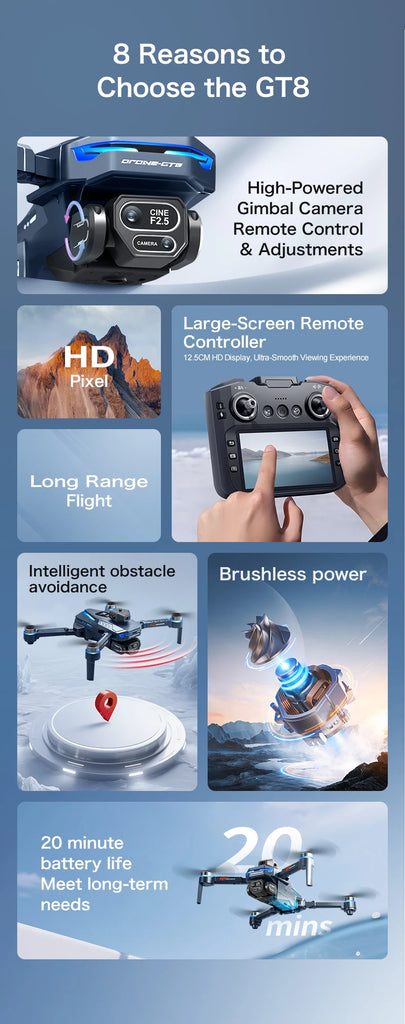 GT8 8K Professional HD Drone with Dual Cameras, 4.3” Screen Remote, Brushless Motor & Obstacle Avoidance – Foldable Quadcopter