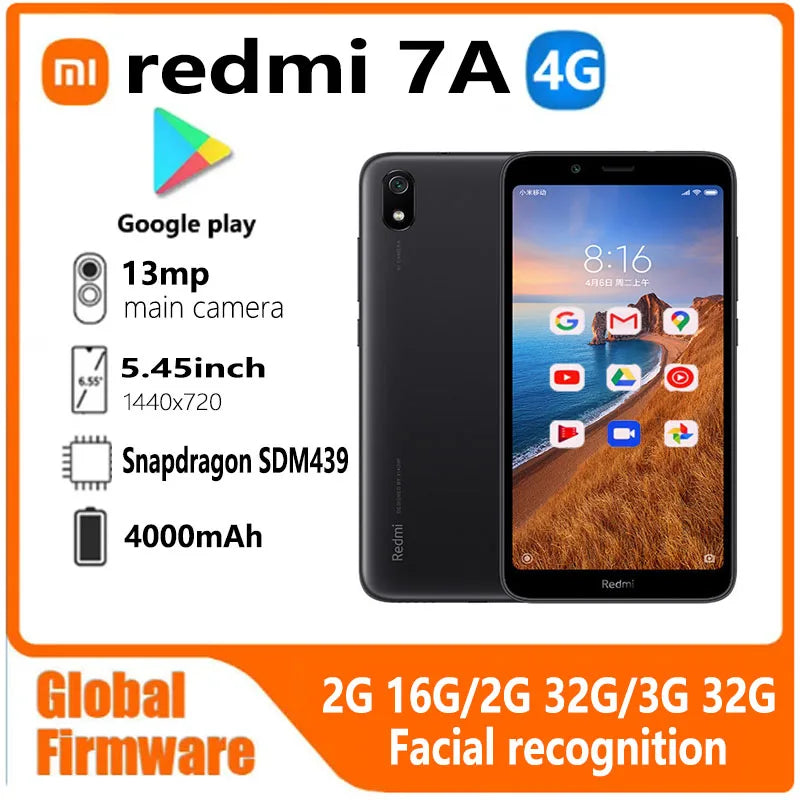 Xiaomi Redmi 7A Smartphone 4G Dual SIM 5.45" HD 13MP Snapdragon 439 Face Recognition Used Phone