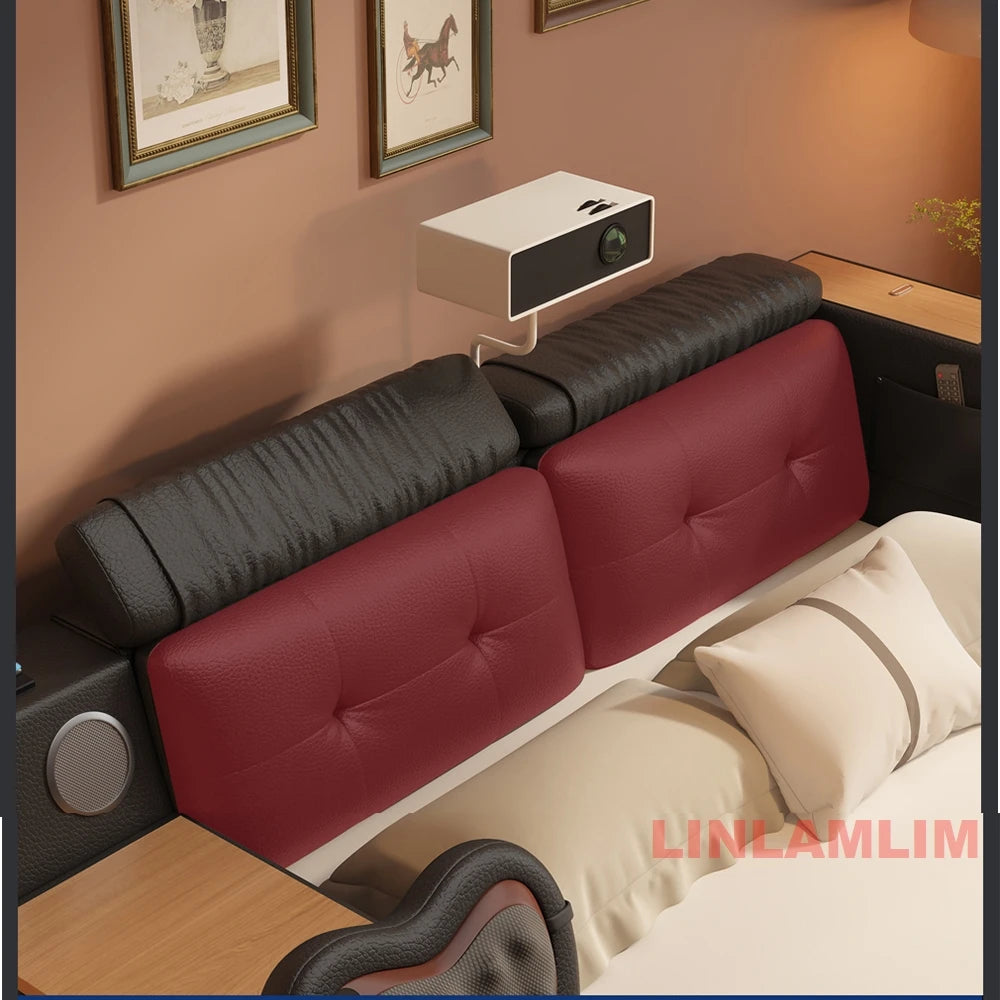Luxury Smart Multifunctional Upholstered Bed with Massage, Bluetooth Speakers, Projector, USB & Storage – Modern King Size Tech Bed