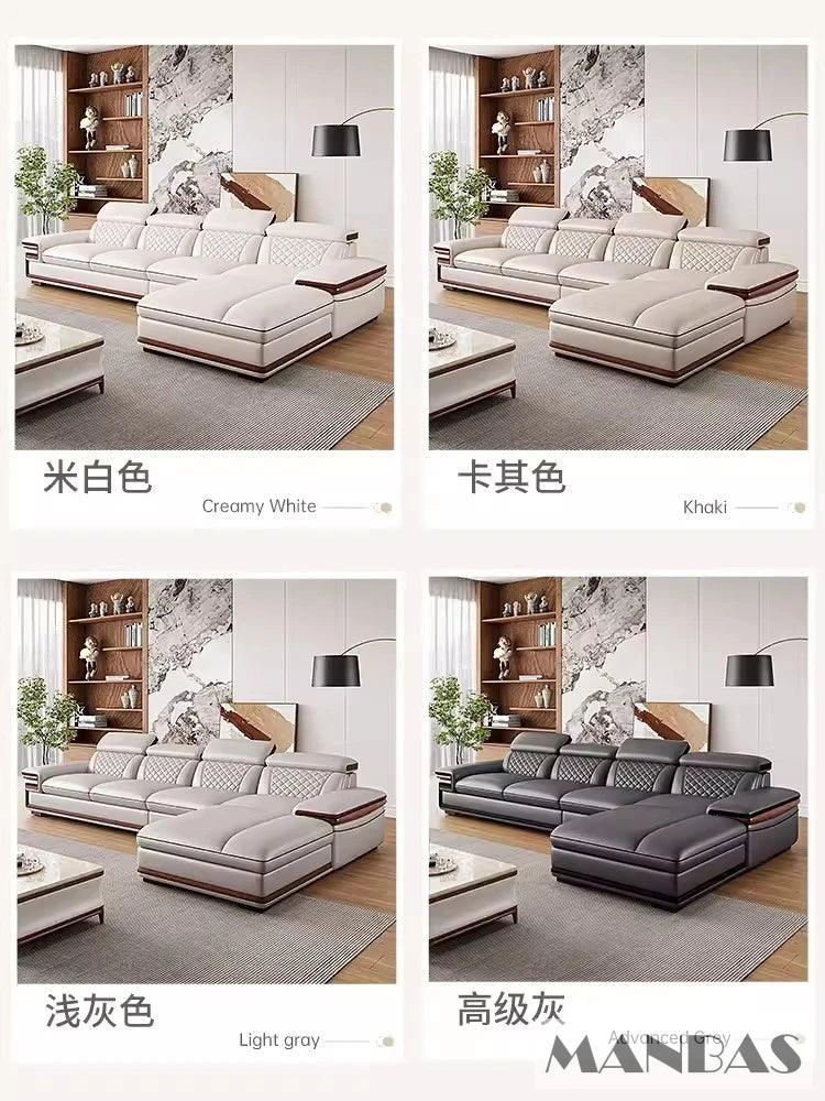 MINGDIBAO Italian Genuine Leather L-Shaped Sofa Set with Adjustable Headrests, Bluetooth Speaker & Wireless Charging