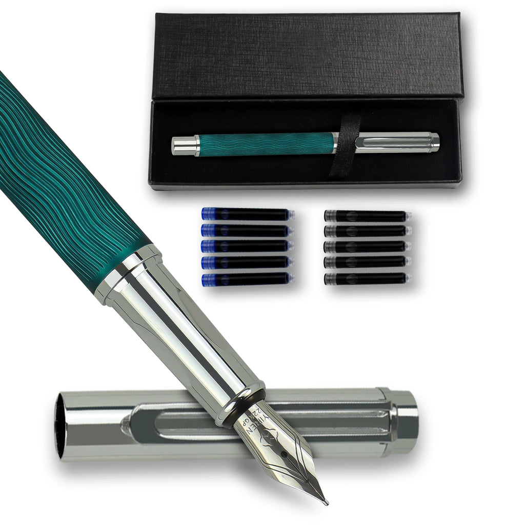 Luxury Flowing Curve Metal Fountain Pen Medium Nib Writing & Calligraphy Set Gift Box