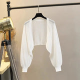 Lantern Sleeve Ice Silk Knitted Cardigan for Women – Summer Thin Loose Fit Outerwear with Slip Dress Sun Protection thumbnail 1