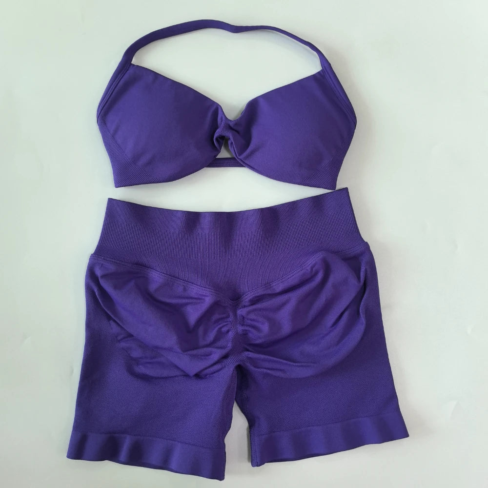Women’s 2-Piece Seamless Gym Set – Strappy Yoga Bra & High-Waist Scrunch Shorts Workout Suit