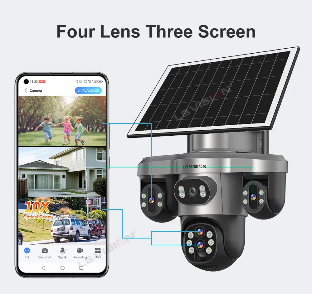 LS VISION 20MP 4-Lens Three Screen 4G/WiFi Solar Security Camera with 10X Optical Zoom and Auto Tracking