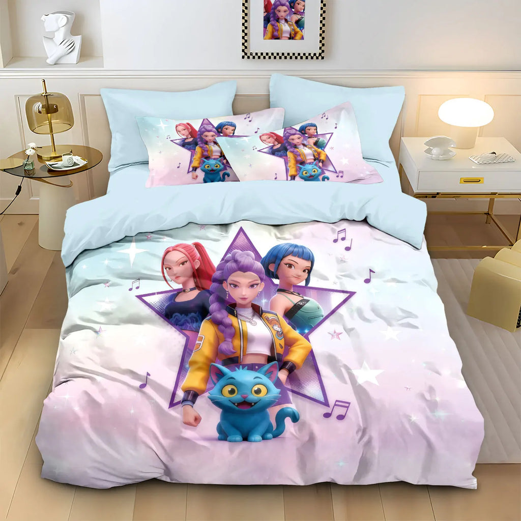 3pcs K-Pop Bedding Set Demon Hunters Colorful Print Polyester Duvet Cover with Pillowcases