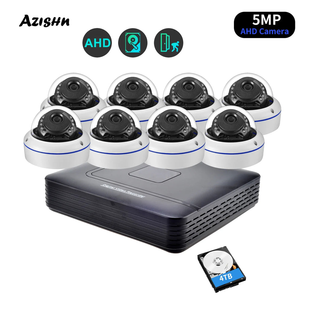 AZISHN 8 Channel 5MP AHD DVR CCTV Security Camera System Kit Indoor Outdoor Waterproof Dome Cameras