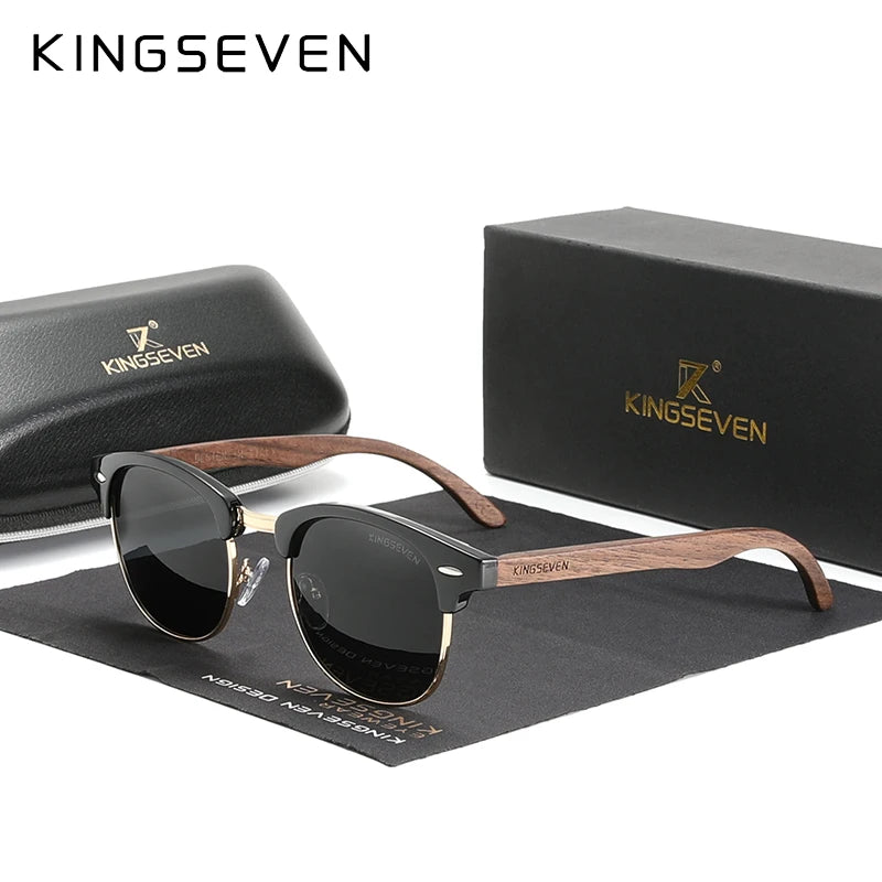KINGSEVEN Handmade Black Walnut Wooden Polarized UV400 Sunglasses Semi-Rimless Retro Eyewear