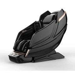 Black massage chair with gold accents on a white background