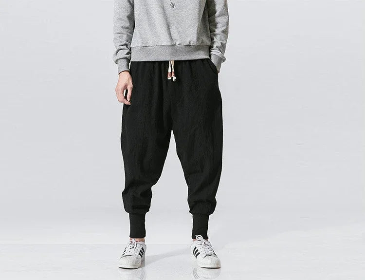 Men’s Cotton Linen Harem Pants – Baggy Streetwear Joggers with Elastic Waist